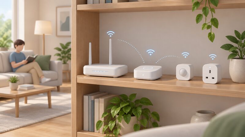 A small white Aqara Hub M3 controller sits on a living room shelf beside a home broadband router, with a compact Zigbee sensor and a smart plug on the same shelf, all connected wirelessly to the hub.