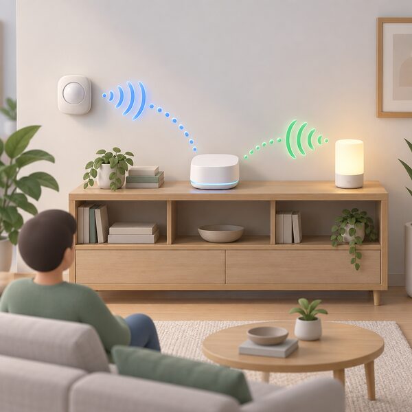 A small smart home hub sitting on a shelf in a living room, with simplified wireless signal arcs radiating from it to a small Zigbee motion sensor on one side and a Thread smart device on the other, showing it connecting both protocol families in one home.