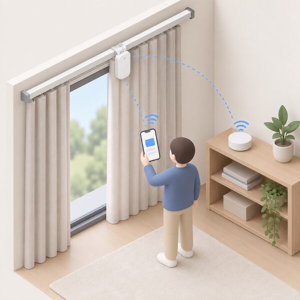 A small isometric figure holds a smartphone showing the Aqara Home app screen as a plain colour block, standing beside a window where a curtain controller is clipped onto the top of a curtain rail, with the hub on a nearby shelf completing the pairing.