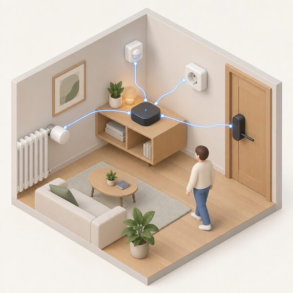 A small isometric indoor scene with the Hub M3 sitting on a shelf as the centre of an installation, connected by simple signal lines to a motion and light sensor, a smart wall outlet, a smart lock on a door and a radiator thermostat on a valve, all running locally through the hub.