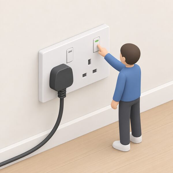 A smart wall outlet recessed flush in a plain interior wall of a UK home, with a standard plug pushed into one of its two switched sockets and a small isometric figure standing beside it reaching toward the outlet as if switching a load remotely.