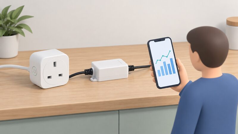 A small smart plug and a compact inline relay sit side by side on a worktop, each with a short cable, while a simplified figure holds a phone whose screen shows a plain energy graph of bars and a line.