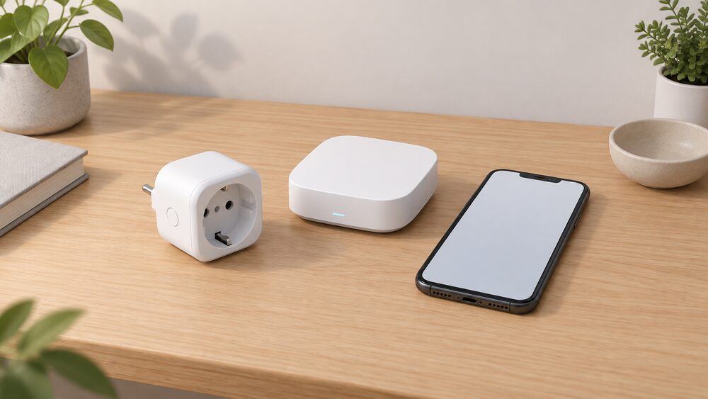 A small tabletop arrangement with a white smart plug and a compact smart home hub placed side by side on a table, next to a smartphone with a blank screen showing where consumption data would appear.
