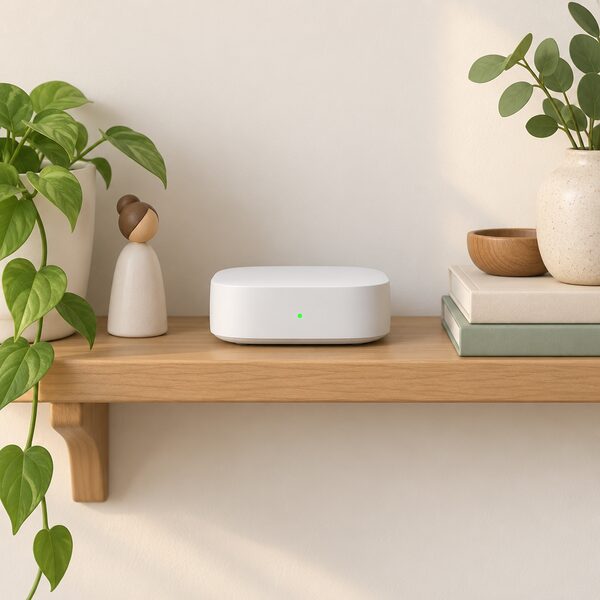A small smart home hub, a plain rounded box with a small indicator light, sitting on a household shelf among ordinary objects, shown as the device both brands' products depend on for full function.