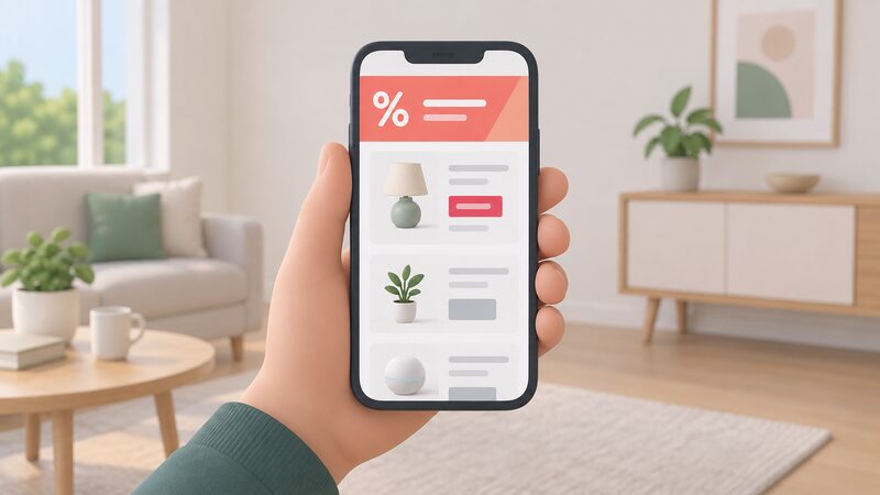 A hand holding a smartphone displaying a smart home store page with a promotional discount banner across the top and a product listing below showing a small standing reduction, set against a plain domestic background.
