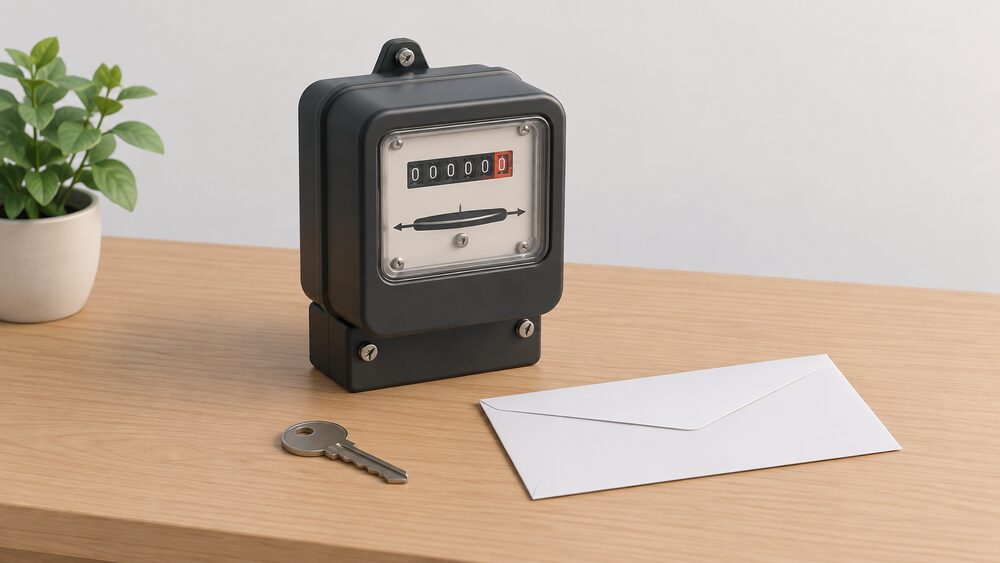 A traditional domestic electricity meter standing on a plain table beside a blank sealed envelope and a house key, with empty space around them suggesting an unanswered offer.