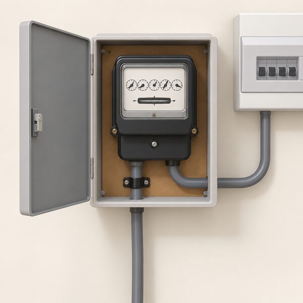 A traditional electromechanical electricity meter mounted inside its meter box on an interior wall of a home, with the incoming supply cable entering from below and a cable running out to the consumer unit, shown undisturbed with no smart meter or in-home display present.