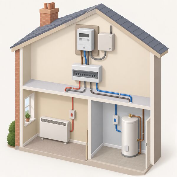 A wall-mounted RTS electricity meter in a UK home, shown with its separate radio teleswitch receiver box beside it, wired to the consumer unit and to separate peak and off-peak circuits serving an Economy 7 storage heater and immersion heater setup.