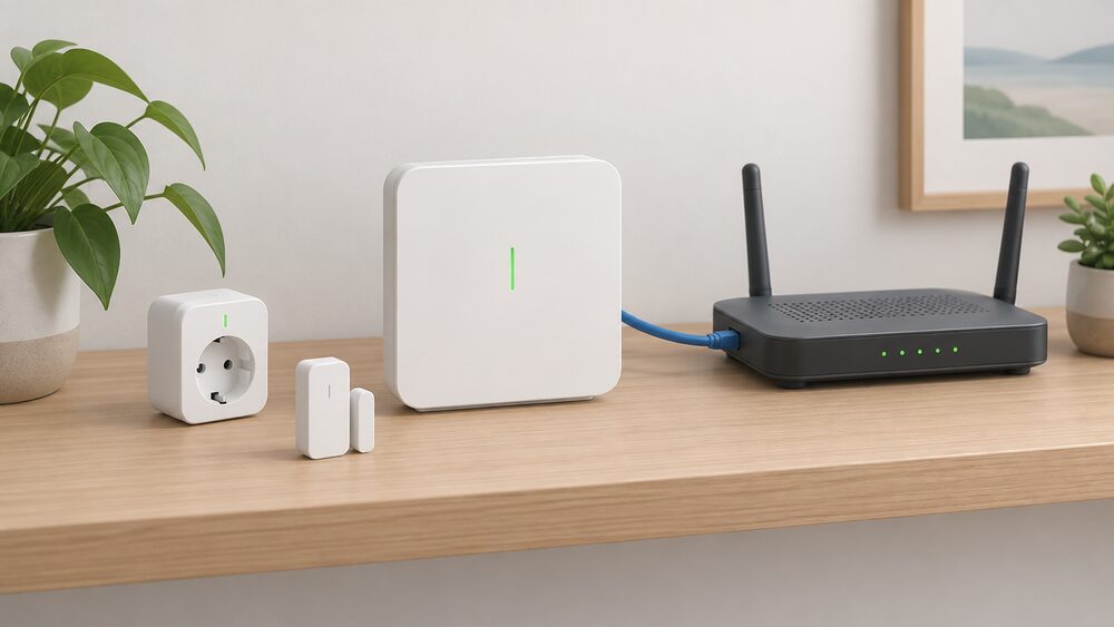 A close-up of the Bosch Smart Home Controller, a plain white rectangular hub unit standing centrally on an indoor shelf, with a LAN cable running from it to a broadband router beside it and a small smart plug and door/window contact nearby.