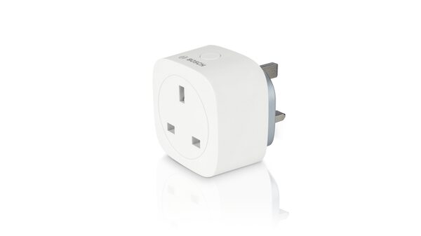 A white Bosch smart plug with a UK three-pin socket on a plain white background