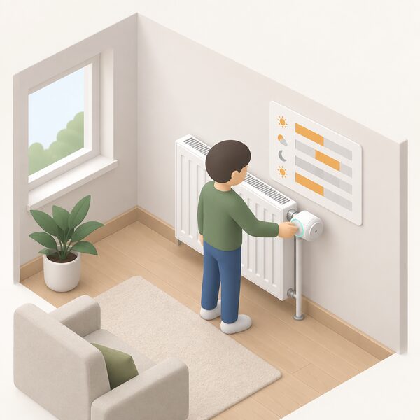 A small isometric figure adjusts the dial of a smart thermostat head fitted on a radiator valve in a simply furnished room, with a plain schedule card on the wall beside it indicating the heating period.