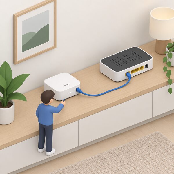 A Bosch Smart Home Controller II on a shelf indoors, connected by a visible LAN cable running to a nearby home broadband router, with no wireless link shown, a small isometric figure nearby indicating the cable connection has been made.