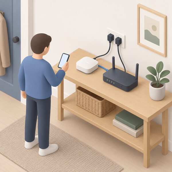 A small isometric scene of a home hallway shelf where a Bosch Smart Home Controller sits beside a broadband router, both plugged into a wall socket, with a network cable linking them and a small figure holding a phone to set the controller up.