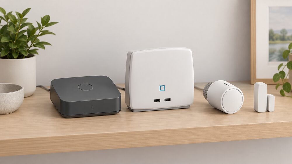 A close-up of two mains-powered smart home hubs standing side by side on an indoor shelf, one a compact anthracite controller and one a larger hub with two USB ports, with a wireless radiator thermostat and a window contact sensor placed beside them.