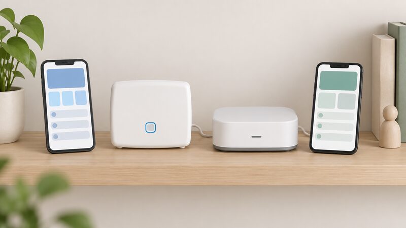 A Homematic IP Home Control Unit and a Bosch Smart Home Controller sit side by side on a household shelf, each with a smartphone propped beside it showing its app as plain blank interface blocks, no words or numbers.