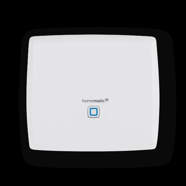 A white Homematic IP Home Control Unit smart home hub with a blue button, shown on a plain background
