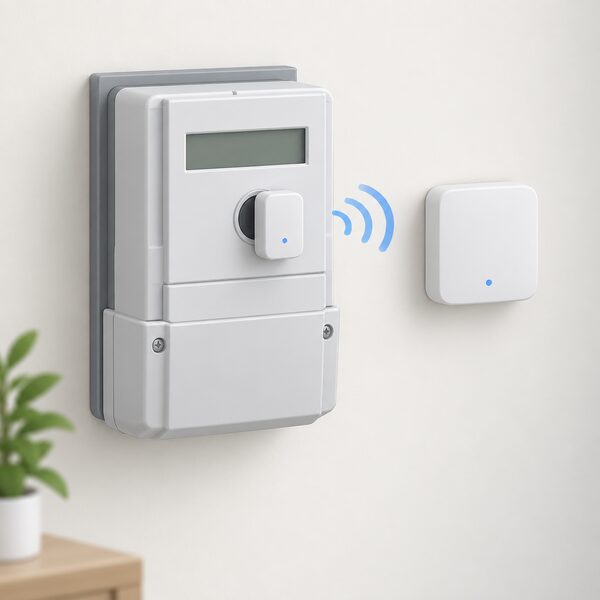 A small Homematic IP smart meter interface module sits magnetically against the round optical data port on the front face of a wall-mounted domestic smart meter, shown in close-up on a plain interior wall with a short wireless signal arc linking it to a compact access point nearby.