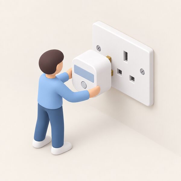 A small isometric figure plugs a compact smart plug adapter with a metering face into a standard UK wall socket on a plain interior wall, the plug partly inserted with its front showing a simple blank display band and a small push button.