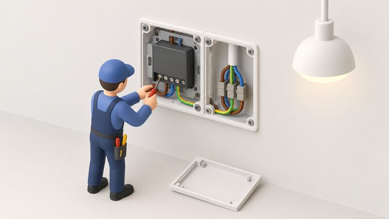 A small isometric figure of an electrician working on a Bosch Smart Home Relay mounted in a wall box beside a lighting circuit, its front cover removed to show the wiring terminals connecting the relay to the fixed lighting circuit cables.