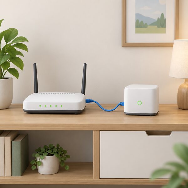 A small smart home controller unit sits on a shelf beside a broadband router, with a network cable running between the two devices in a simple home interior.