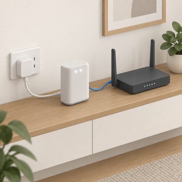 An isometric indoor scene shows a Smart Home Controller unit on a shelf, its power lead plugged into a wall socket and a network cable running to a broadband router beside it, with the two LEDs at the top of the controller glowing white.