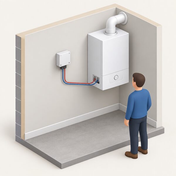 A small relay unit mounted on an indoor wall beside a domestic boiler, with low-voltage control wiring running between the relay's terminals and the boiler's potential-free external control input, shown as a simplified isometric interior scene.