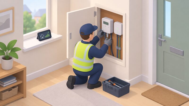 A simplified engineer figure kneels at an open domestic meter cupboard fitting a smart electricity meter into the supply wiring, with a communications hub beside the meter and an in-home display resting on a nearby shelf or windowsill inside the home.