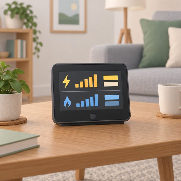 A small handheld in-home display standing on a table in a living room, its screen showing plain colour blocks and bar-style readouts representing kilowatt hours used and cost in pounds and pence, with no readable figures.