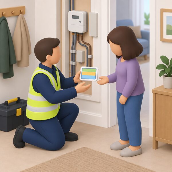 A smart meter installer, kneeling at an internal meter position, hands a smart energy display to a householder while the meter and its connections remain visible, showing the display being left in the home during a free installation visit with no payment taking place.