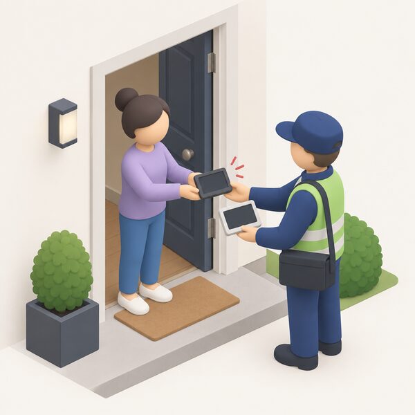 A simplified isometric figure hands a faulty in-home display to a supplier representative who offers a replacement display, both standing at a home's front door with the small screen devices shown as plain objects with blank screens.