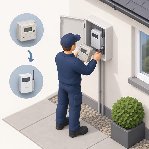 An installer in plain work clothing standing at the outside wall of a house, swapping an older smart meter mounted in the external meter box for a new 4G-capable smart meter, with the old unit removed and held in one hand and a screwdriver in use on the box.