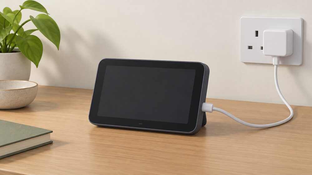 A portable smart meter in-home display with a blank dark touchscreen sits centrally on a table, its charging cable plugged into the display and running to a wall socket, shown close up as the faulty device a household would report to their supplier.
