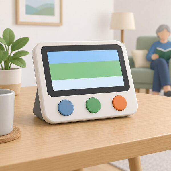 A close-up of an accessible in-home display on a table in a home, with a noticeably larger screen and a few big, widely spaced buttons, shown as a simple physical device with no readable text on its screen.