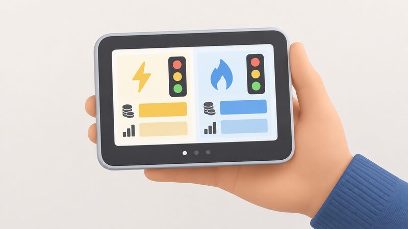 A close-up of a colour in-home display screen held in a hand, showing two clearly separated panels for electricity and gas with plain colour blocks and blank bars standing in for cost and consumption figures, plus a traffic-light style usage indicator.