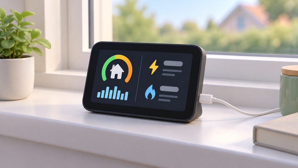 A close-up of a Chameleon in-home display, a small portable colour touchscreen unit with a charging cable plugged in, standing on a windowsill where it can be picked up and moved, showing its cost and usage screen.