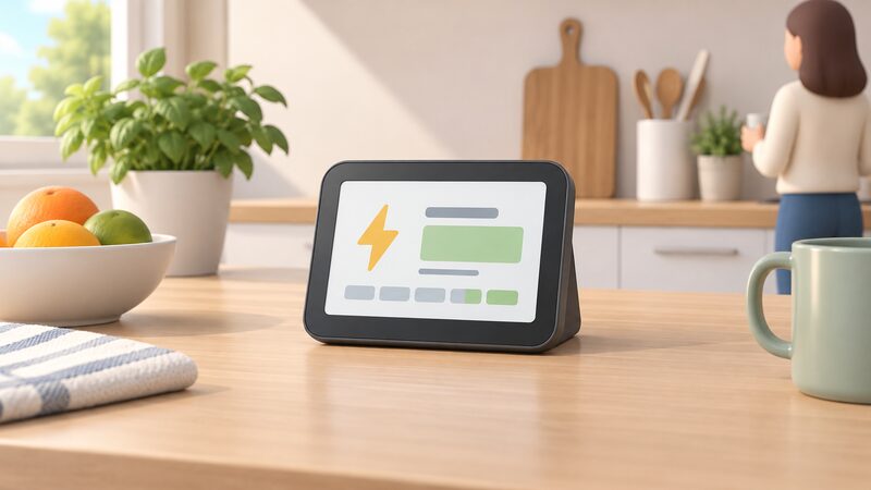 A small portable Chameleon in-home display standing on a kitchen worktop, its screen showing a cost in pounds and pence as simple blank blocks and lines, with no meter or wiring visible, conveying that it is a window onto the paired smart meter rather than an independent measuring device.