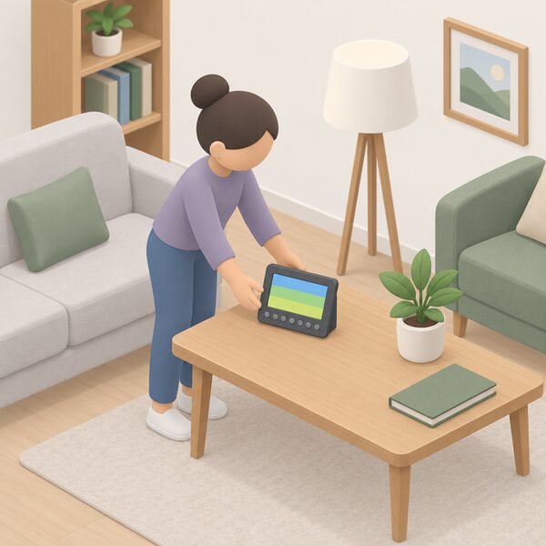 A small isometric figure places a Chameleon IHD3 in-home display, a compact unit with seven buttons along the front beneath its screen, onto a table in a home living room, with the screen shown as a plain colour band carrying no readable content.