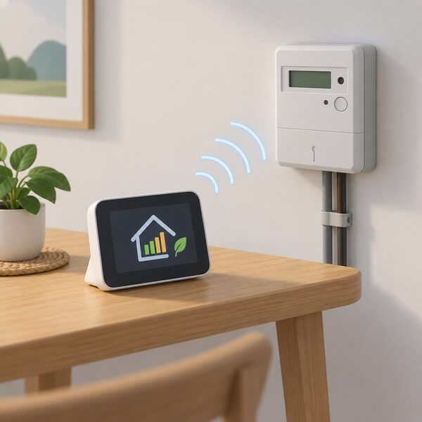 A new replacement in-home display sitting on a table in a home, shown beside the existing electricity smart meter on the wall, with no engineer present, the two units linked by a simple signal arc to show remote pairing.