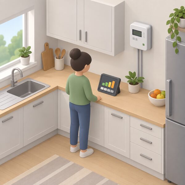 A small isometric figure stands at a kitchen worktop looking at a portable in-home display showing a simple electricity usage screen with plain bars and blank figure blocks, with a smart meter on a nearby wall.