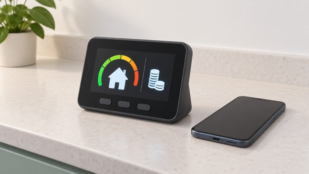 A close-up of a smart prepayment meter's in-home display standing on a kitchen worktop, its screen glowing with a simple balance graphic, a smartphone lying beside it with a blank screen, and no other objects.