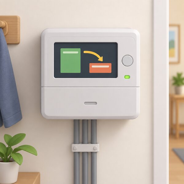 A close view of a wall-mounted smart prepayment meter with its screen showing a credit balance and a separate debt balance, with a small arrow or band suggesting the weekly deduction moving from the top-up towards the debt amount.