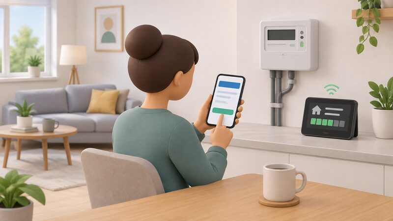 A person at home holds a smartphone showing a supplier app top-up screen, with a smart prepayment meter and in-home display nearby whose balance is updating remotely, with no shop, card or key in sight.