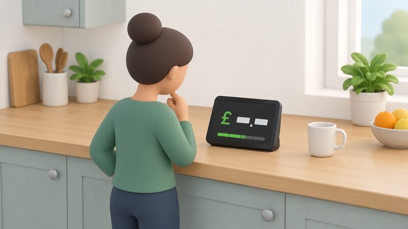 A hand-held smart prepayment in-home display sitting on a kitchen worktop, its screen showing a credit balance as a money figure, with a simplified occupant figure looking at it.