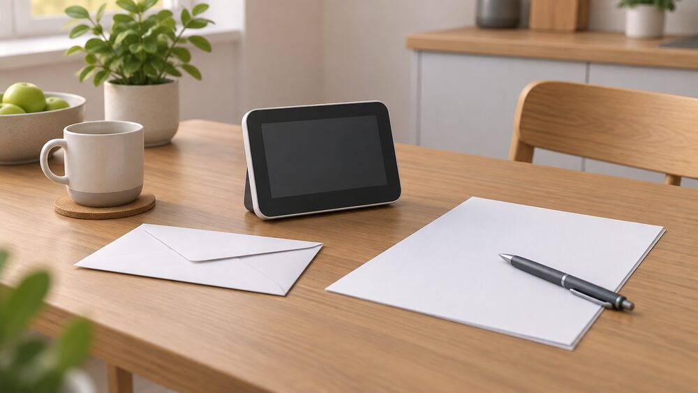 A small in-home display unit with a blank screen sits on a kitchen table beside a blank consent form, a sealed envelope and a pen, suggesting a household deciding whether to share its energy data with a finished trial.