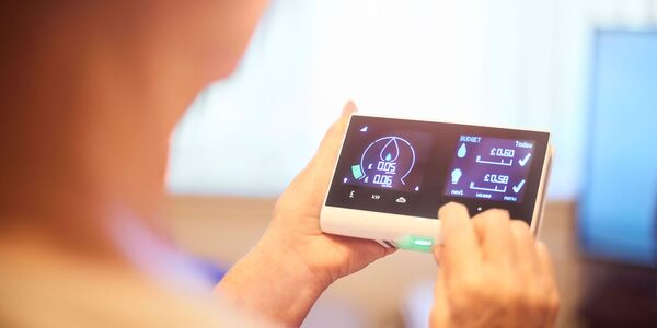 A person holding and using a smart energy monitor in-home display showing electricity usage and budget figures