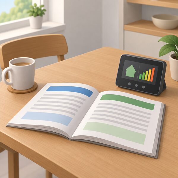 A printed copy of the Smart Energy Code lying open on a desk, shown as a physical document with thick pages and plain colour bands and blank lines standing in for its text, beside a smart meter display unit in a plain domestic setting.