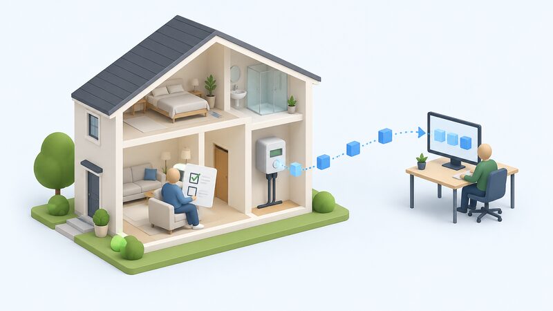 A simplified cutaway house with a smart meter at the meter point, a consent tick shown as a plain marked box on a form beside it, and a dotted line carrying plain data blocks from the meter out of the house to a small figure of a researcher at a desk with a screen.