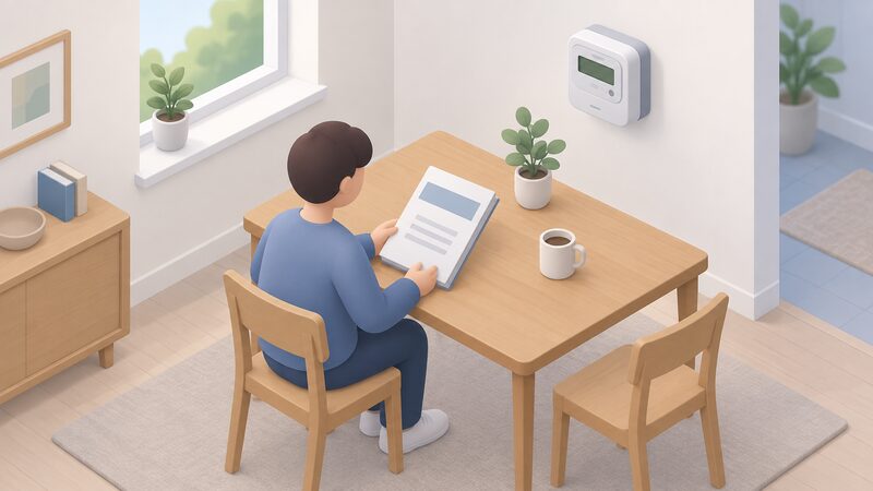 A closed bound evaluation report lying on a household table beside a smart meter, with a small isometric figure seated nearby reading the report, showing that the published evaluation is what remains once a trial closes.