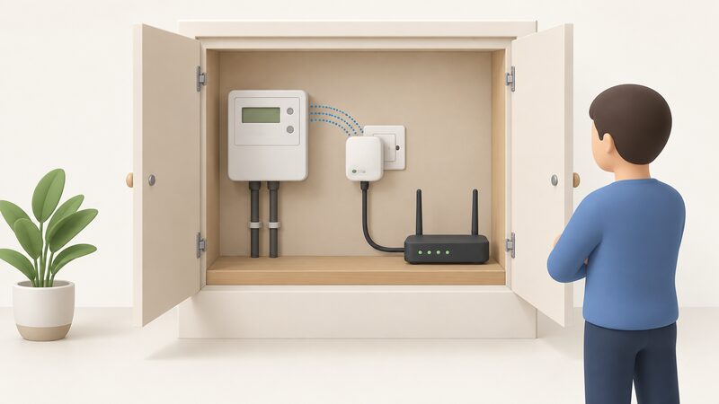 A small gateway device plugged into a wall socket beside a domestic electricity meter in a home cupboard, with dotted wireless arcs linking it to the meter and a cable running to a nearby broadband router.