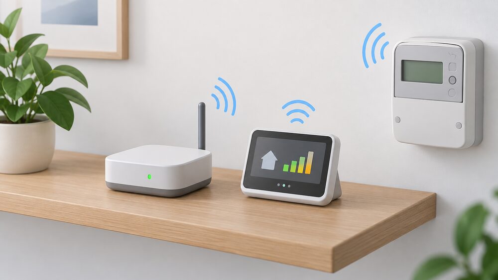 A close-up of a small consumer access device, a compact wireless gateway box with a short antenna, standing on a shelf beside an in-home display, with a smart electricity meter visible on a nearby wall, all connected only by implied wireless links with no wiring between them.